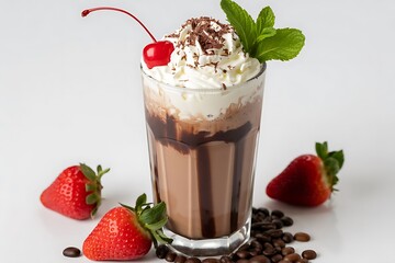 Chocolate milkshake with whipped cream cherry mint and strawberries on white background
