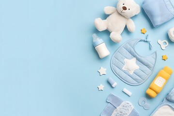 Flat lay of baby essentials including teddy bear bib bottle and blanket on blue background