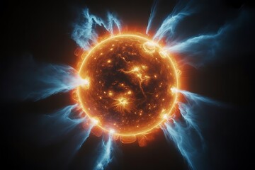 Fiery orange sun with blue plasma flares erupting into dark space