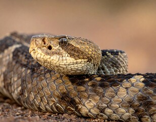 Obraz premium A close-up portrait of a reptile's head, showcasing detailed scales and a watchful gaze, resting atop its coiled body. The background is blurred