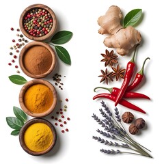 Wooden bowls filled with colorful spices ginger star anise red chili peppers and lavender sprigs