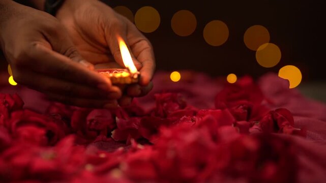 Diwali celebration footage, Hand holding glowing Diya lamp during Diwali festival