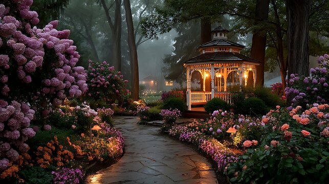 Charming gazebo nestled among colorful blooming flowers high resolution picture