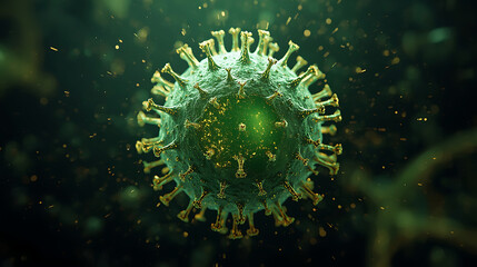 digital rendering of virus particle with spike proteins and glowing green core in dark background