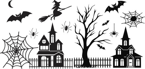 set of Halloween icons, Big set of halloween silhouettes black icon and character. Design of witch, creepy and spooky elements for halloween decorations, sketch, icon, sticker. Hand drawn vector solat