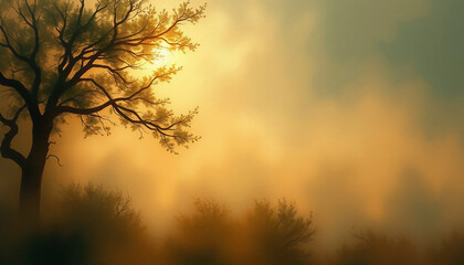 Golden morning fog. Soft glowing atmosphere