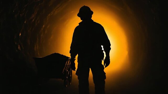 Silhouette of a Miner Walking in a Dark Mine with a Cart.