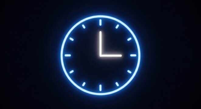 Glowing Clock Face With Neon Light Effect on Dark Background