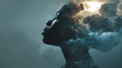 Double Exposure of Woman's Silhouette with Stormy Clouds in Cinematic Style