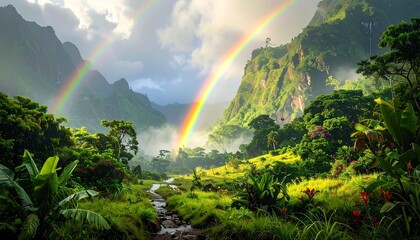 Rainbow Over Lush Tropical Valley.