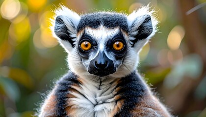 A close-up portrait of a ring-tailed primate with expressive eyes. The animal stares intently towards the viewer, with blurred foliage
