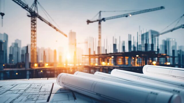 Construction site at sunset with blueprints in focus and cranes in the background.