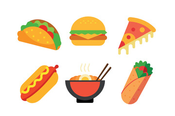 Flat Design Fast Food  Set Taco Burger Pizza Hot Dog Ramen and Wrap Collection