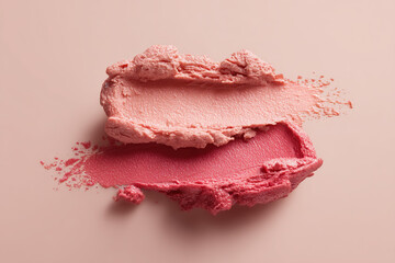 Cosmetic Swatches: Two shades of creamy, pink lipstick or eyeshadow, swiped onto a neutral background, creating an attractive, textured display.