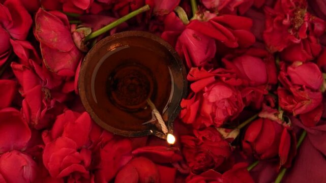 Top view of glowing Diya lamp and rose petals on the background, Diwali greeting video clip
