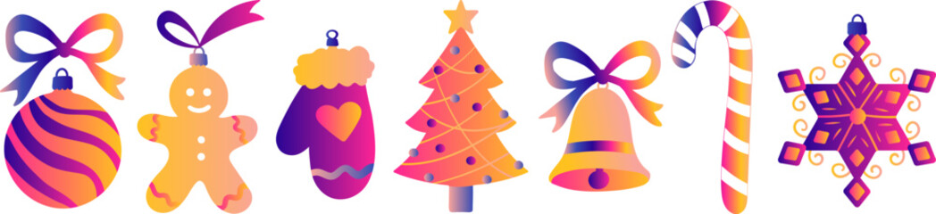 vibrant gradient christmas tree toy elements collection holiday design abstract neon colors baubles icons set isolated modern vector objects