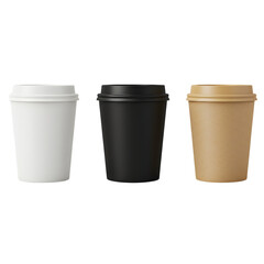 Three Disposable Coffee Cups with Lids Isolated on Transparent Background