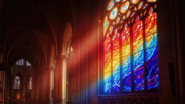 Sunlight streams through stained glass windows in a grand cathedral interior video generative ai