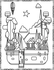 Peaceful Nature Landscape Coloring Page &ndash; House, Trees, and Windmill Art for Kids.