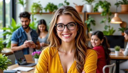 Fototapeta premium Smiling woman glasses office plant teamwork modern workspace happy employee wellbeing