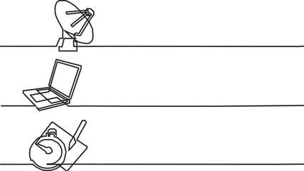 One Line Drawing of Satellite Dish, Laptop, and Writing Tools.