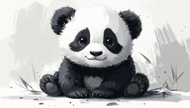 Baby panda sitting in grass with soft background