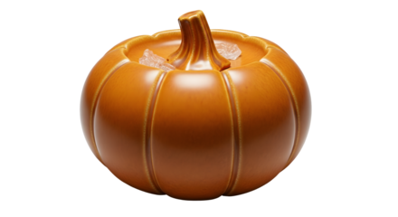 A ceramic pumpkin-shaped container with a lid and stem, perfect for fall decor.
