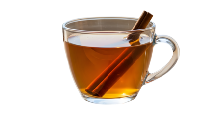 A glass mug of hot tea with cinnamon sticks inside on white.