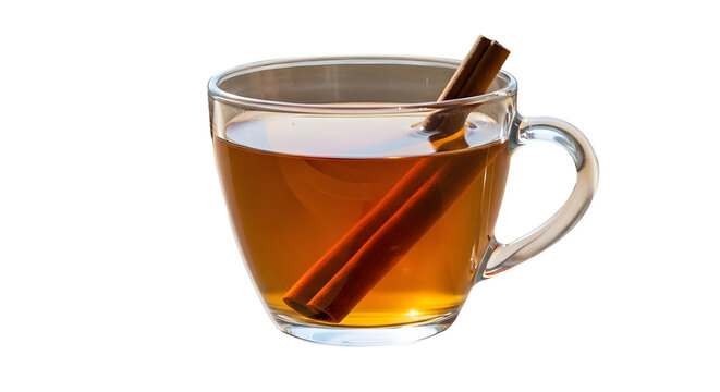 A glass mug of hot tea with cinnamon sticks inside on white.