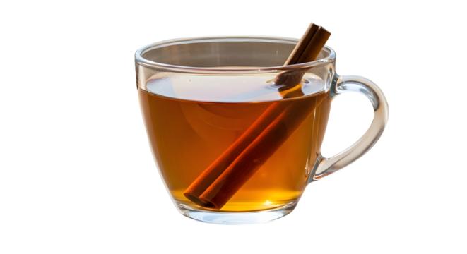 A glass mug of hot tea with cinnamon sticks inside on white. - Powered by Adobe