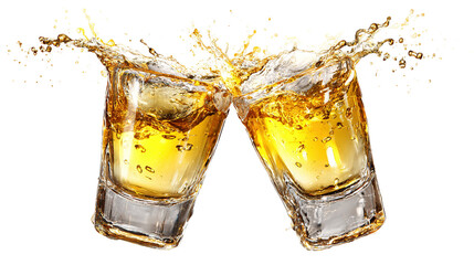 Two Beer Mugs toasting creating splash isolated on transparent background Remove png