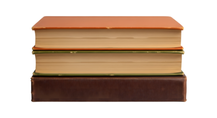 A stack of three old, hardcover books with worn brown and orange covers, isolated on a white background.