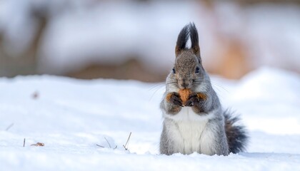 Gray Squirrel Eating in Snow.