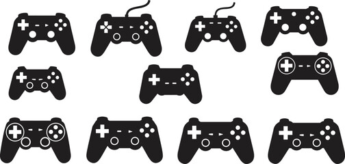 Video game controller silhouette vector collection showing different joystick pad designs for console and computer gaming, modern technology control icons on white background © Hasem Creative