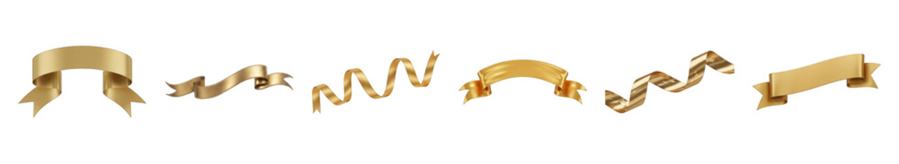 Obraz premium Gold ribbon and banner set including various scroll shapes isolated. Festive metallic design elements for celebration.