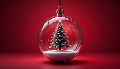 Clear Glass Christmas Bauble with Miniature Flocked Pine Tree and Snow Inside on a Deep Red Background, Traditional Holiday Scene for Seasonal Websites, Promotions, and Festive Banners5