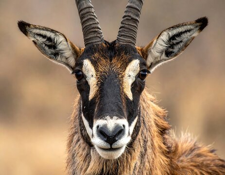A close-up portrait of a sable antelope. Its striking face features white markings, prominent horns, and attentive eyes. The animal's fur has dark tones