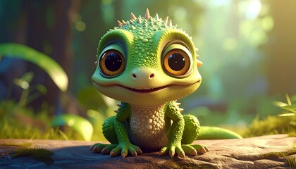 A charming, cartoon-styled lizard-like creature with oversized eyes sits in a sun-dappled forest scene, displaying an innocent expression