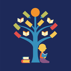 a child reading under a glowing tree made of book