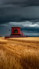 Fototapeta premium Red Combine Harvester in Barley Field with Dramatic Cloudy Skies