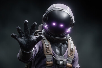 Mysterious astronaut in purple suit with glowing eyes raises gloved hand in greeting, set against a dark background with subtle lighting.