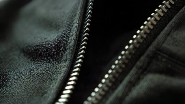 Closeup of black zipper on soft fabric jacket  