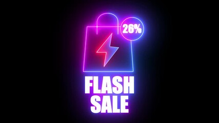 Neon flash sale shopping bag with 26 percent discount and lightning bolt image photo