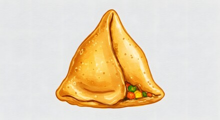 Watercolor Illustration of a Golden Samosa with Vegetable Filling