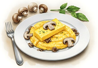 Watercolor illustration of a gourmet dish: creamy polenta with a savory tofu steak and saut?ed mushrooms, garnished with fresh basil.