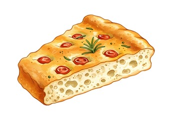 Watercolor Illustration of a Slice of Focaccia Bread with Tomatoes and Rosemary