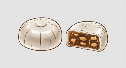 Watercolor Illustration of a Traditional Mooncake with Nuts Filling