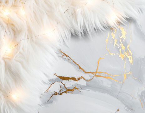 gray marble texture with white and gold veins with white fur	
