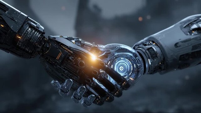 Robotic hands shaking in a futuristic environment with glowing details   - Powered by Adobe