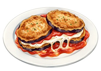 Watercolor Illustration of Eggplant Parmesan on a White Plate